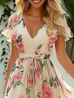 Robe florale d'été à manches courtes pour femmes, col en V, sortie quotidienne, vacances, mi-longue, ligne a Dress For Cruise, Wait Dress, Summer Floral Dress, Blue Prom Dresses, Cruise Dress, Floral Skirts, Cruise Wedding, Prom Dresses For Teens, Spring Floral Dress