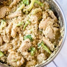 chicken and broccoli casserole in a silver pot on the stove top