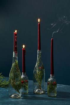 three bottles filled with plants and lit candles