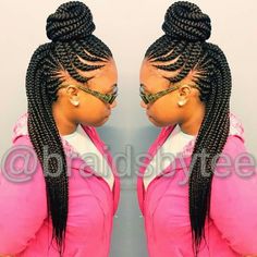 Ghana braids in a top bun! Mohawk Cornrows, Ghana Weaving Hairstyles, Fun Braids, Weaving Hairstyles, Braid Game, Smile 2, Ghana Weaving, Crochet Hairstyles