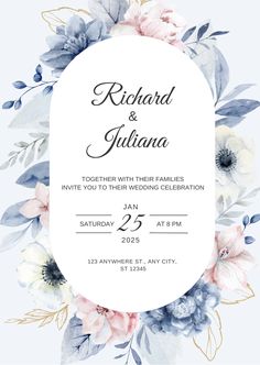 a wedding card with watercolor flowers on it