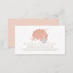 a pink and white business card with seashells on it