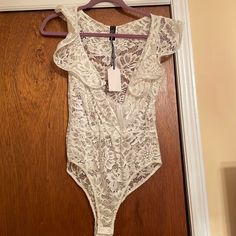 New Size Medium Lace - Somewhat C-Through Brand: Kimcine Summer Lace Bodysuit For Night Out, Summer V-neck Lace Bodysuit, Sleeveless Lace Bodysuit For Spring, Chic Lace Bodysuit For Summer, White Summer Bodysuit For Date Night, Mermaid Bodysuit, Bustier Bodysuit, Black Bodysuit Longsleeve, Tank Top Bodysuit