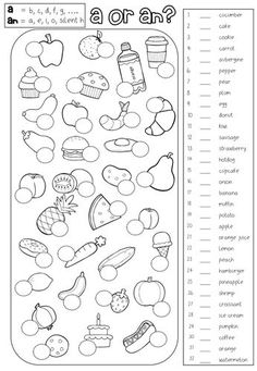 a worksheet with an image of food and words