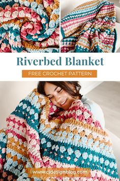 a woman wrapped in a crochet blanket with text overlay that reads, riverbed blanket free crochet pattern