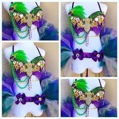 four pictures of a woman's purple and green mardi gras headpiece