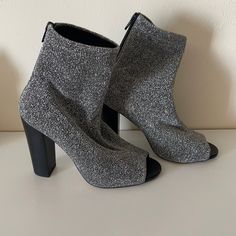 Very Good Condition, No Scratches Gray High Heel Party Boots, Gray High Heel Boots For Party, Chic Silver Heels For Winter, Gray Heels For Spring Party, Gray Party Heels For Spring, Gray High Heel Synthetic Heels, Trendy Gray High Heel Heels, Gray Closed Toe Heels For Party, Trendy Gray High Heels