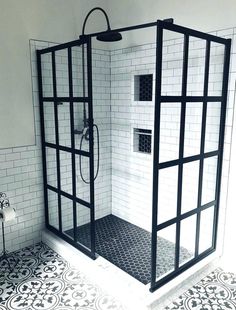 a black and white photo of a shower with the words b & w industrial farmhouse on it