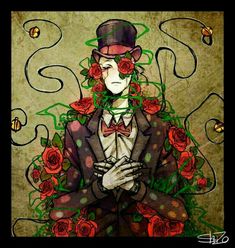 a drawing of a man wearing a top hat and bow tie with roses around his neck