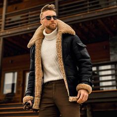 Men's Jacket Thicken Plus Velvet Lapel Fashion Mid-Length Motorcycle Coats Mens Shearling Coat, Mens Fleece Jacket, Tactical Jacket, Winter Streetwear, Mens Fur, Fur Collar Coat, Graduation Outfits, Sweaters Hoodies, Lapel Jacket