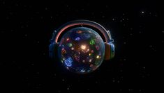 an image of headphones floating in the air with stars around them on a black background