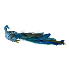 a blue and green bird is flying in the air with its tail feathers spread out