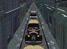 an animated car driving down a street next to tall buildings in the snow with two people sitting on top