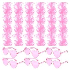 six pairs of pink sunglasses with feathers attached to the sides and one pair in front