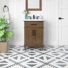 a bathroom with a potted plant on the floor and a mirror over the sink