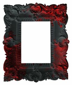 a red and black frame with an ornate pattern on the bottom, in front of a white background