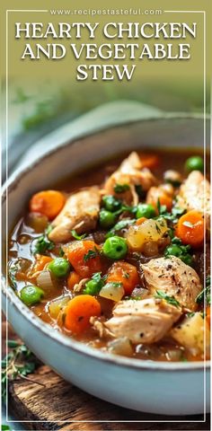 hearty chicken and vegetable stew in a white bowl on a wooden table with text overlay