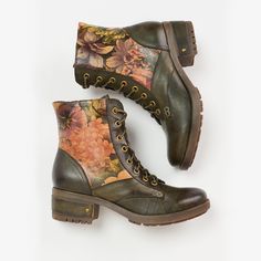 Brown Floral Print Boots For Fall, Fall Floral Print Boots With Round Toe, Winter Floral Print Boots, Leather Boots With Floral Print For Spring, Spring Leather Boots With Floral Print, Leather Boots With Floral Print And Round Toe, Interesting Clothing, Spring Boots, Spring Step Shoes