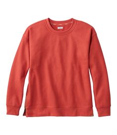 This crewneck sweatshirt amplifies the comfort of waffle-knit fabric – with classic waffle texture on the outside, a soft-brushed inside and allover stretch for supreme ease. Relaxed Fit: Our most generous fit sits farthest from the body. Falls at hip. Waffle-knit blend of 96% polyester with 4% spandex. Machine wash and dry. Relaxed crewneck. Stylish side zips at hem. Ribbed neck, cuffs and hem. Imported. Fit: Relaxed Fit | Women's Birchwood Brushed Waffle Top, Crewneck, Polyester Blend Fall Waffle Knit Sweatshirt For Layering, Fall Layering Waffle Knit Sweatshirt, Cozy Waffle Knit Crew Neck Sweatshirt, Cozy Waffle Knit Sweatshirt With Relaxed Fit, Waffle Toppings, Knit Tops, Navy Shirt, Crew Neck Shirt, Women's Shirts