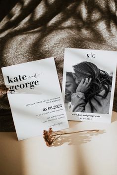 two wedding cards sitting on top of a bed next to each other with the word kate and george printed on them