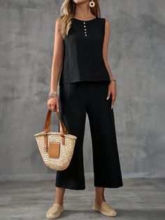 Summer Texture Fabric Women's 2-Piece Outfit Black Casual   Woven Fabric Plain  Non-Stretch  Women Clothing, size features are:Bust: ,Length: ,Sleeve Length: Summer Texture, Rosé Summer, Solid Tank Tops, Texture Fabric, Printed Sleeveless Top, Outfit Black, Lingerie Accessories, Kids Sleepwear, Kids Beachwear