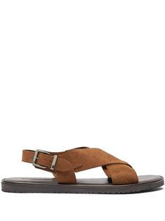 brown suede crossover strap detail buckle-fastening slingback strap round open toe branded leather insole flat rubber sole silver-tone hardware Espadrilles Slides, Sandals Brown, Office Bag, Fine Jewelry Bracelets, Suede Sandals, Summer Beach Wear, Brown Sandals, Derby Shoes, Espadrille Shoes