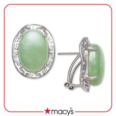 Ultra-elegant oval-shape dyed jade  (10 x 14mm) are wrapped in greek key frames in these beautiful sterling silver drop earrings. Approximate drop: 1/2". Classic Oval Jewelry From Macy's, Elegant Oval Clip-on Jewelry, Macy's Oval Earrings For Formal Occasions, Oval Jewelry For Anniversary From Macy's, Macy's Oval White Gold Jewelry, Macy's Oval Sterling Silver Jewelry, Classic Oval Clip-on Jewelry, Classic Oval Cabochon Clip-on Earrings, Elegant Oval Cabochon Clip-on Jewelry