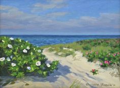 an oil painting of a path to the beach with flowers on it and water in the background