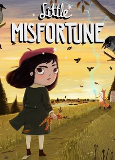 little misfortune is standing in the grass with birds flying around her and an orange sky