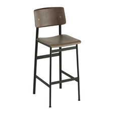 a wooden and metal bar stool with a seat on the back, against a white background