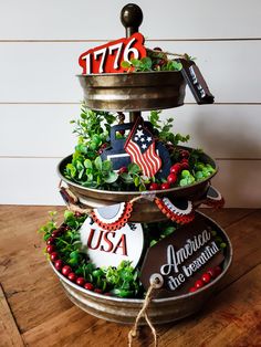 three tiered metal tray with patriotic decorations