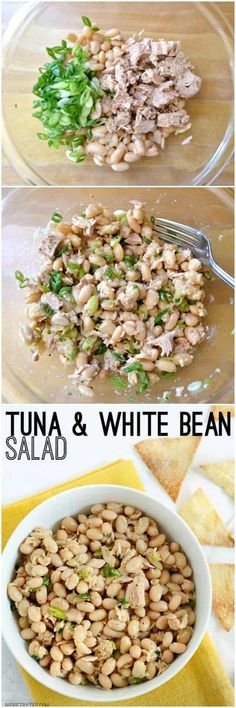 tuna and white bean salad is shown in three different bowls with the same toppings