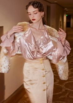 Materials: Shell：100%Polyester Features: Collar ruffle design Handmade bow Drawstring cuffs Modern Corset, Blush Blouse, Satin Bluse, Handmade Knitwear, Cream Jacket, Black And White Love, Wool Clothing, Knit Bottom, Satin Blouses