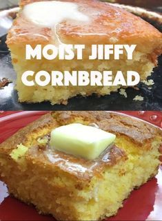 a piece of cornbread sitting on top of a red plate