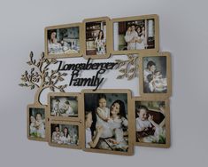 the family tree is made out of wood and has six pictures on it, including two children