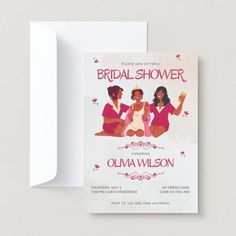 a wedding shower card with two women sitting on the ground and one woman standing next to her