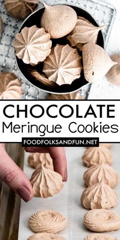 chocolate meringue cookies on a baking sheet and in a pan with the title overlay