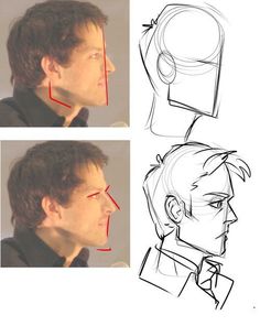 three different views of a man's face with the same line drawn on it