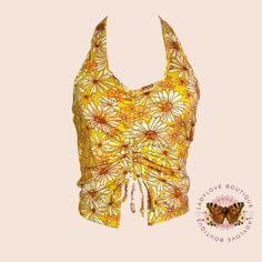 Lovely Yellow Cut Out Halter Top With Abstract Wildflowers. Has Two Adjustable Drawstrings That Can Make The Top Longer Or Shorter In The Front For A Cropped Or Regular Fit. Available In Small, Medium, And Large! -96% Polyester 4% Spandex -Versatile -Very Stretch Friendly -Adjustable Drawstrings -Very Soft And Comfortable Tags: Wildflower, Yellow Halter Top, Floral Top, Cami Top, Dollette, Angelcore, Fairy, Cottage, Pastel Goth, Y2k, 90s, Retro, 70s Style, Butterfly, Halter Top, Groovy, Abstract Fitted Sunflower Print Top For Spring, Fitted Yellow Tops With Sunflower Print, Retro Yellow Beach Top, Yellow Sunflower Print Top For Summer, Vintage Yellow Tops For Beach, Vintage Yellow Top For Beach, Vintage Yellow Top For The Beach, Fitted Sunflower Print Top For Summer, Mustard Floral Print Summer Top