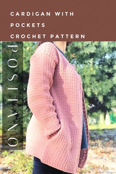 a woman wearing a pink cardigan with pockets and a crochet pattern on it