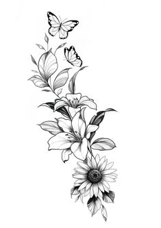 a black and white drawing of flowers with butterflies