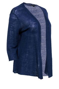 Who says sweaters are only for fall? Get ready for those fun summer nights with this posh little cardigan from Eileen Fisher! Made of light linen in a bold blue hue, this quarter sleeve cutie is perfect for throwing on for those beachside campfires or backyard stargazing. Throw on over a graphic tee and jeans and you'll be good to go! Size S 100% Linen Open front Quarter sleeve Knit Bust 48" Waist 52" Sleeve length 16" Shoulder to hem 25" Blue Stretch V-neck Cardigan, Blue Soft Knit Cardigan, Blue Soft Knit Cardigan For Spring, Blue Soft Knit Spring Cardigan, Navy Knit Tops For Layering, Blue Stretch Knit Cardigan, Blue Knit Cardigan For Spring, Casual Blue Cardigan For Layering, Fitted Blue Summer Cardigan