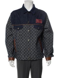 Gucci Denim JacketFrom the 2021 CollectionBlueGG DenimLeather Trim Embellishment & Point CollarSlit PocketsFit: This style typically runs a full size small. Gucci Denim, Print Patterns, Denim Jacket, Trim, Gucci, Mens Outfits, Running, Blue, Quick Saves