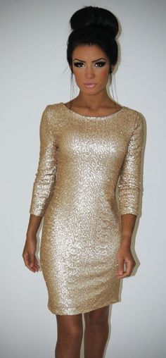 Fashion clothes from http://findgoodstoday.com/womensfashion  LOVE the whole thing. Champagne Glitter Dress, Glitter Dress Outfit, Gold Glitter Dress, Sequin Sleeve, New Years Dress, New Years Eve Outfits, Glitter Dress, Sleeved Dress, Pale Gold