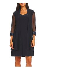 A Knee-Length Dress That Skims Softly Over The Body, Draping From The Bust. This Perfect Knee-Length Shift Dress Has A Round Neckline That Sparkles With Metallic Thread. The Matching, Soft-Fit Draped Jacket Features Sheer Sleeves With Metallic Cuffs And A Pleated Back With Sheer Inserts. The Relaxed Fit Is Flattering For Any Body Type. With The Versatility Of The Jacket, You Can Wear This Dress Any Time Of Year To Any Event. Pair With A Great Neutral Pump And Bold Jewelry To Take This Elegant Dr Blue Dress Jacket, Jacket Dress Set, Chiffon Jacket, Sheer Jacket, Dress And Jacket Set, Embellished Neckline, Dress Guide, Trim Jacket, Sheer Chiffon