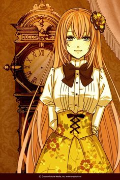 an anime character with long hair and yellow dress standing in front of a large clock