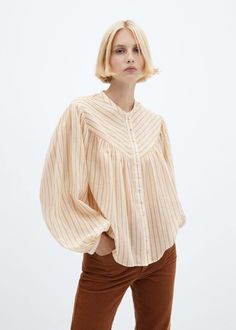 Blouse with puffed sleeves and buttons - Women | Mango United Kingdom Fashion Crop Top Outfits, Trend Dress, French Street Fashion, My Style Outfits, Ladies Shirt, Image Bank, Button Blouse, Ralph Lauren Style, Tops Blouse