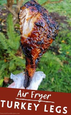 an air fryer turkey leg is being held up to the camera with text overlay that reads, air fryer turkey legs