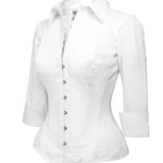 Corset Story White Full Steel Boned White Corset Shirt Size: 30" Approx. Pit To Pit Measurements: 18" Approx. Length From Shoulder To Bottom: 23" Color: White Condition: New With Tags Features: * Full Steel Boned * Long Adjustable White Straps On The Back * Collard * 3/4 Sleeve * 100% Cotton This Item Has A Minor Marking On The Left Shoulder - See Pictures For Details. Open To Offers! Y2k Trends Millenial Girlcore Hyperfeminine Coquettecore Business Casual Officecore Careerwear Workwear Officewe