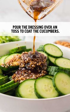 cucumbers are being drizzled with dressing and then topped with chocolate